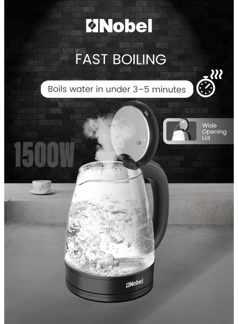 نوبل غلاية كهربائية نوبل 1.8 لتر جسم زجاجي، غطاء داخلي من الفولاذ المقاوم للصدأ، قاعدة دوارة 360°، غلي سريع مع حماية من الجفاف، 1500 واط – NK183G (ضمان سنة واحدة) - Image 5