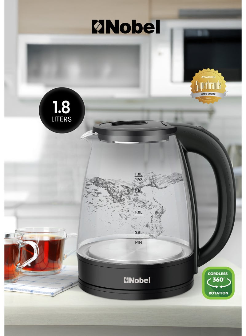 نوبل غلاية كهربائية نوبل 1.8 لتر جسم زجاجي، غطاء داخلي من الفولاذ المقاوم للصدأ، قاعدة دوارة 360°، غلي سريع مع حماية من الجفاف، 1500 واط – NK183G (ضمان سنة واحدة) - Image 1
