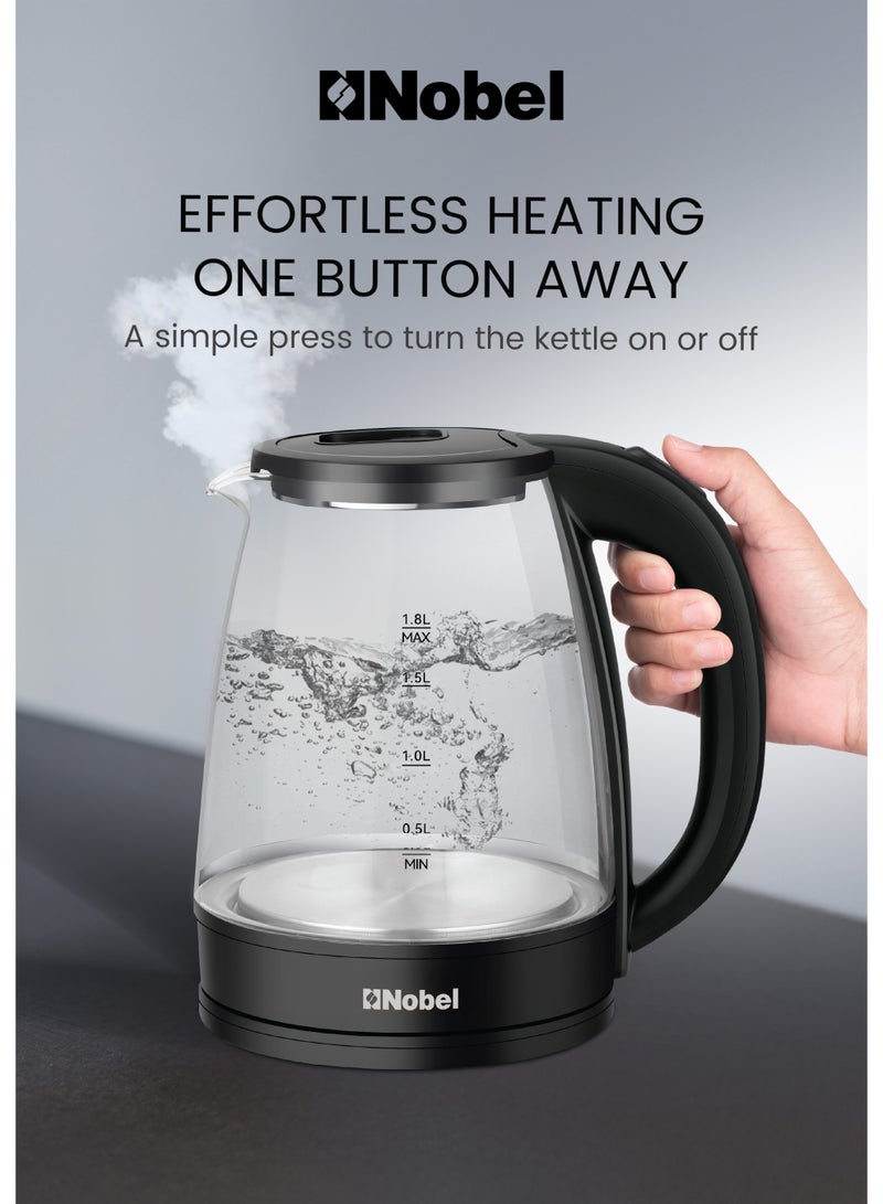 نوبل غلاية كهربائية نوبل 1.8 لتر جسم زجاجي، غطاء داخلي من الفولاذ المقاوم للصدأ، قاعدة دوارة 360°، غلي سريع مع حماية من الجفاف، 1500 واط – NK183G (ضمان سنة واحدة) - Image 3