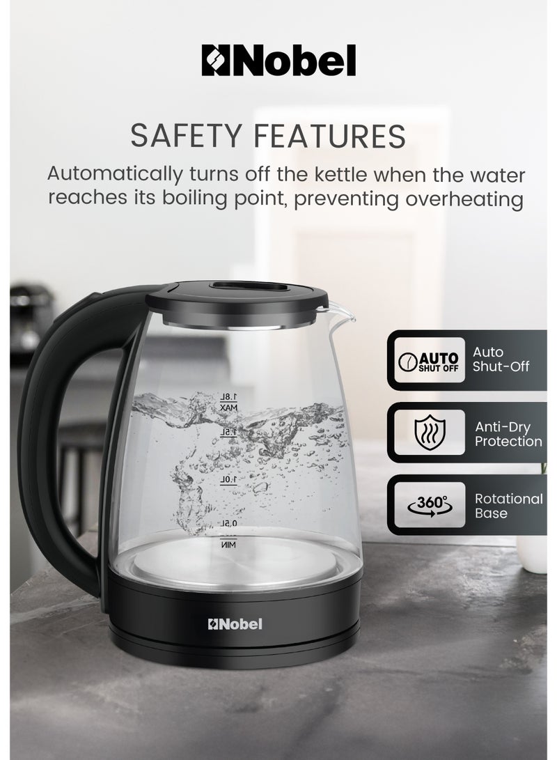 نوبل غلاية كهربائية نوبل 1.8 لتر جسم زجاجي، غطاء داخلي من الفولاذ المقاوم للصدأ، قاعدة دوارة 360°، غلي سريع مع حماية من الجفاف، 1500 واط – NK183G (ضمان سنة واحدة) - Image 4
