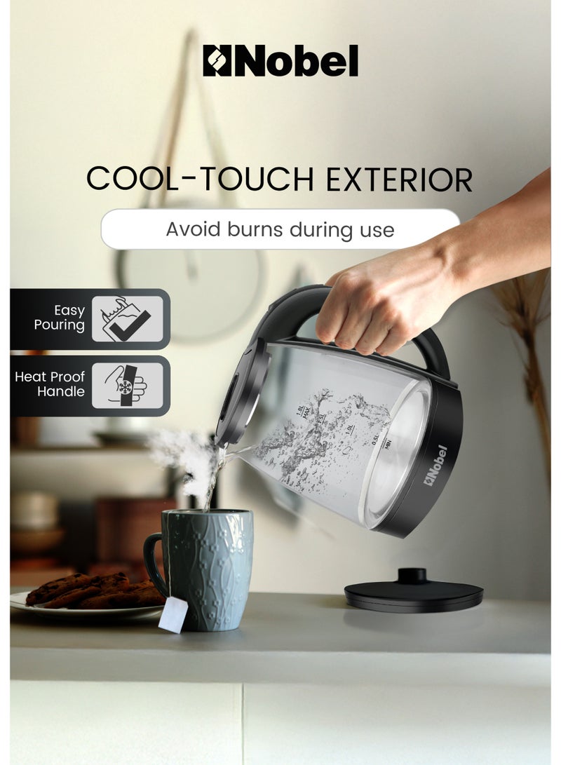 نوبل غلاية كهربائية نوبل 1.8 لتر جسم زجاجي، غطاء داخلي من الفولاذ المقاوم للصدأ، قاعدة دوارة 360°، غلي سريع مع حماية من الجفاف، 1500 واط – NK183G (ضمان سنة واحدة) - Image 2