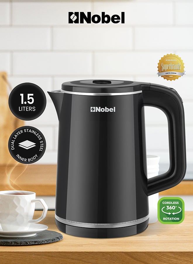 نوبل غلاية كهربائية نوبل 1.5 لتر بداخلية من الفولاذ المقاوم للصدأ، 1500 واط غليان سريع، قاعدة دوارة 360°، حماية من الجفاف، غطاء داخلي من الفولاذ المقاوم للصدأ – NK104B (ضمان سنة واحدة) - Image 1