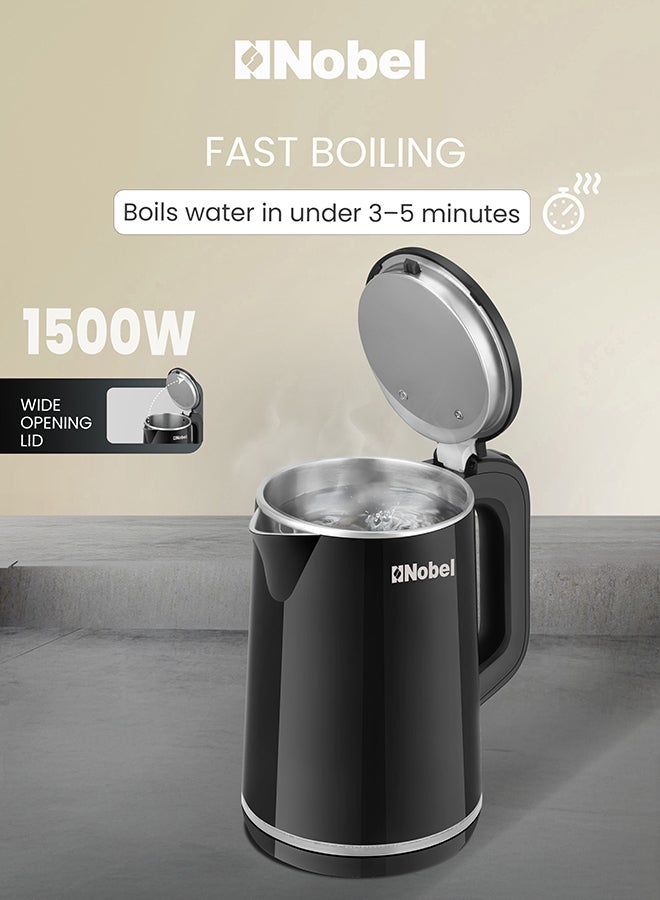 نوبل غلاية كهربائية نوبل 1.5 لتر بداخلية من الفولاذ المقاوم للصدأ، 1500 واط غليان سريع، قاعدة دوارة 360°، حماية من الجفاف، غطاء داخلي من الفولاذ المقاوم للصدأ – NK104B (ضمان سنة واحدة) - Image 5