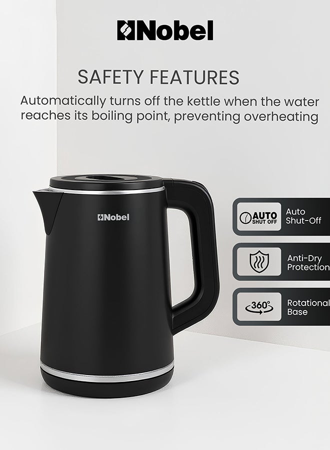 نوبل غلاية كهربائية نوبل 1.5 لتر بداخلية من الفولاذ المقاوم للصدأ، 1500 واط غليان سريع، قاعدة دوارة 360°، حماية من الجفاف، غطاء داخلي من الفولاذ المقاوم للصدأ – NK104B (ضمان سنة واحدة) - Image 4