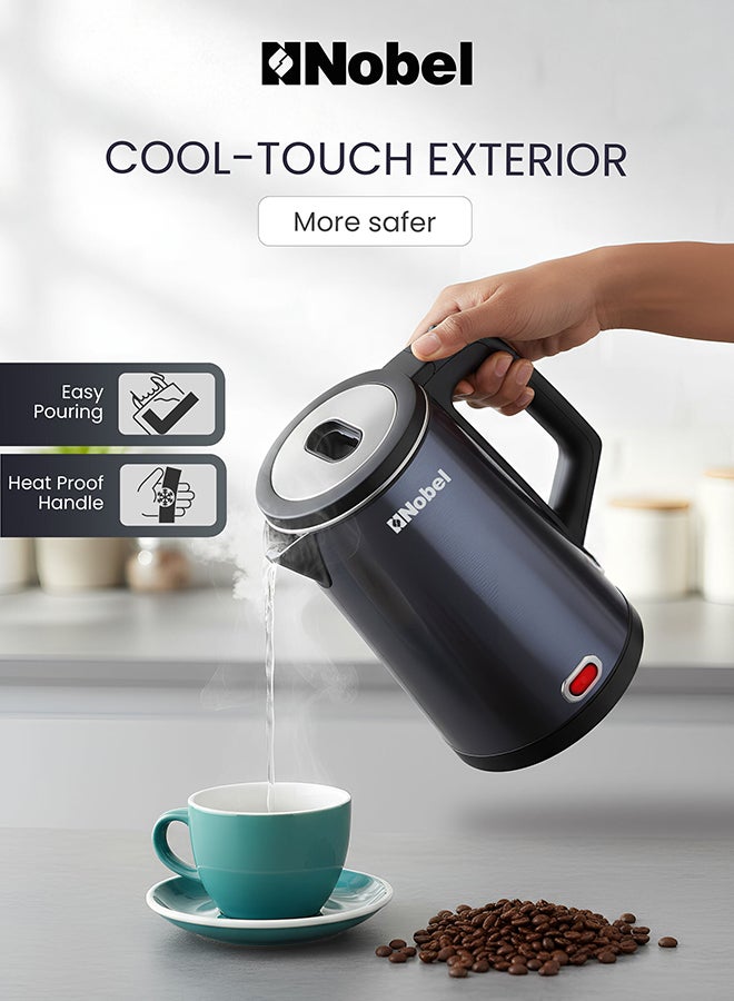 نوبل غلاية كهربائية نوبل 1.8 لتر هيكل من الفولاذ المقاوم للصدأ مع تشطيب أزرق داكن، 1500 واط غليان سريع، قاعدة دوارة 360°، حماية من الجفاف، غطاء داخلي من الفولاذ المقاوم للصدأ – NK186B (ضمان سنة واحدة) - Image 2