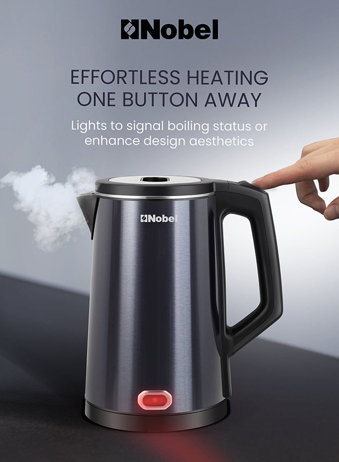 نوبل غلاية كهربائية نوبل 1.8 لتر هيكل من الفولاذ المقاوم للصدأ مع تشطيب أزرق داكن، 1500 واط غليان سريع، قاعدة دوارة 360°، حماية من الجفاف، غطاء داخلي من الفولاذ المقاوم للصدأ – NK186B (ضمان سنة واحدة) - Image 3
