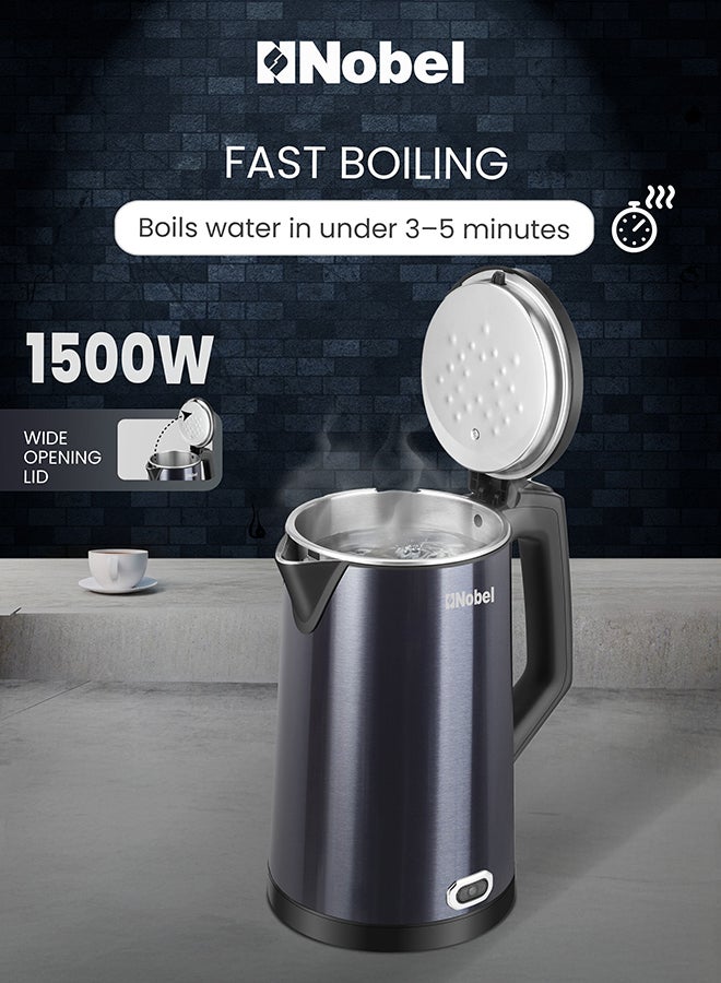 نوبل غلاية كهربائية نوبل 1.8 لتر هيكل من الفولاذ المقاوم للصدأ مع تشطيب أزرق داكن، 1500 واط غليان سريع، قاعدة دوارة 360°، حماية من الجفاف، غطاء داخلي من الفولاذ المقاوم للصدأ – NK186B (ضمان سنة واحدة) - Image 5