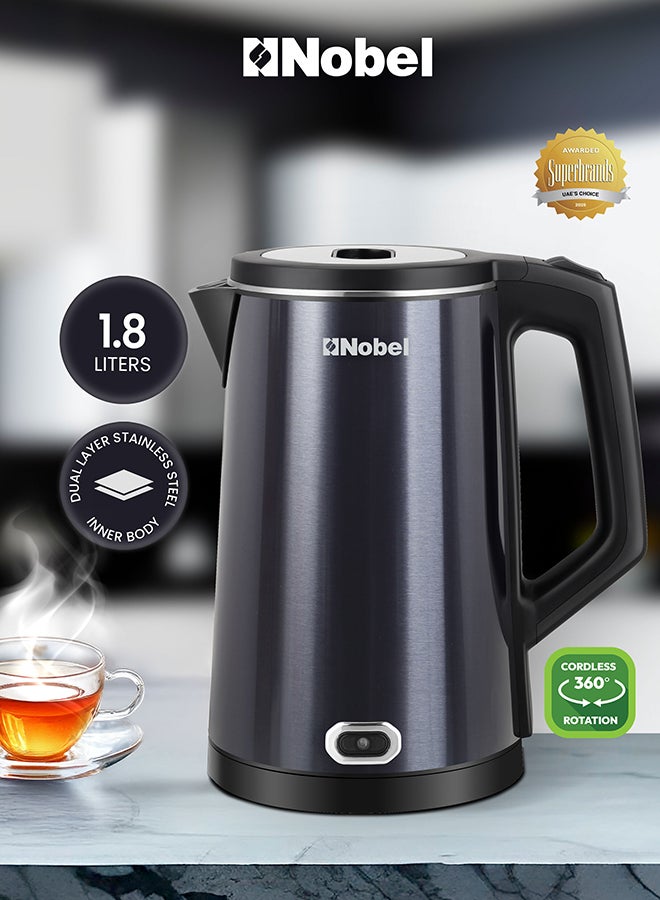 نوبل غلاية كهربائية نوبل 1.8 لتر هيكل من الفولاذ المقاوم للصدأ مع تشطيب أزرق داكن، 1500 واط غليان سريع، قاعدة دوارة 360°، حماية من الجفاف، غطاء داخلي من الفولاذ المقاوم للصدأ – NK186B (ضمان سنة واحدة) - Image 1