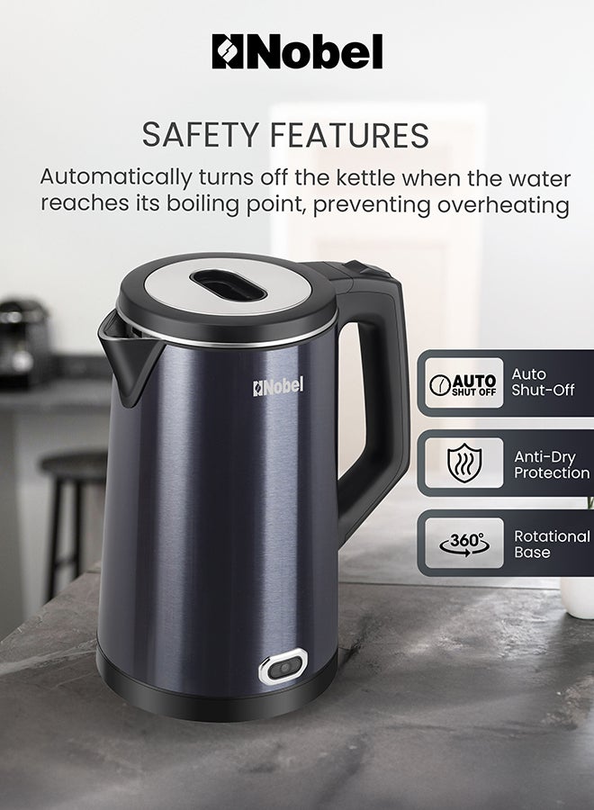 نوبل غلاية كهربائية نوبل 1.8 لتر هيكل من الفولاذ المقاوم للصدأ مع تشطيب أزرق داكن، 1500 واط غليان سريع، قاعدة دوارة 360°، حماية من الجفاف، غطاء داخلي من الفولاذ المقاوم للصدأ – NK186B (ضمان سنة واحدة) - Image 4