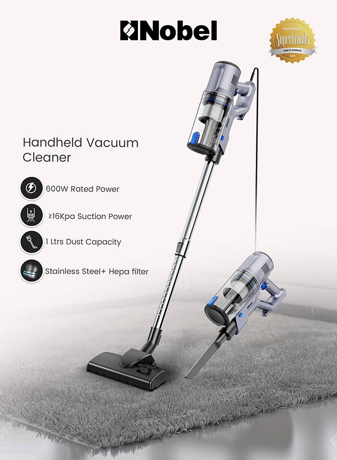 2-in-1 Upright & Handheld Vacuum Cleaner 600W Powerful Suction 1000ml Dust Capacity, HEPA + Stainless Steel Filter, Low Noise, Lightweight Design – (1 Year Warranty) 1000 ml 600 W NVC633 grey