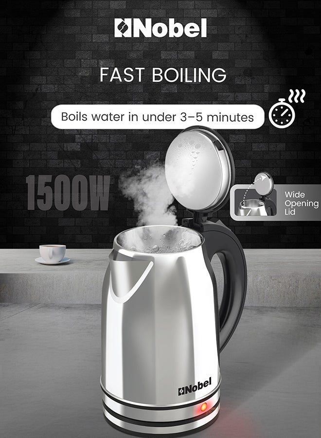 Nobel Electric Kettle 1.8L Stainless Steel Body, 1500W Fast Boil, 360° Rotational Base, Anti-Dry Protection, Stainless Steel Inner Lid – (1 Year Warranty) 1.8 L 1500 W NK188SS silver - Image 5