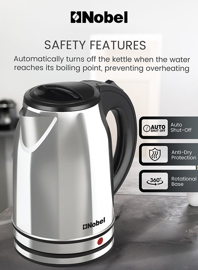 Nobel Electric Kettle 1.8L Stainless Steel Body, 1500W Fast Boil, 360° Rotational Base, Anti-Dry Protection, Stainless Steel Inner Lid – (1 Year Warranty) 1.8 L 1500 W NK188SS silver - Image 4