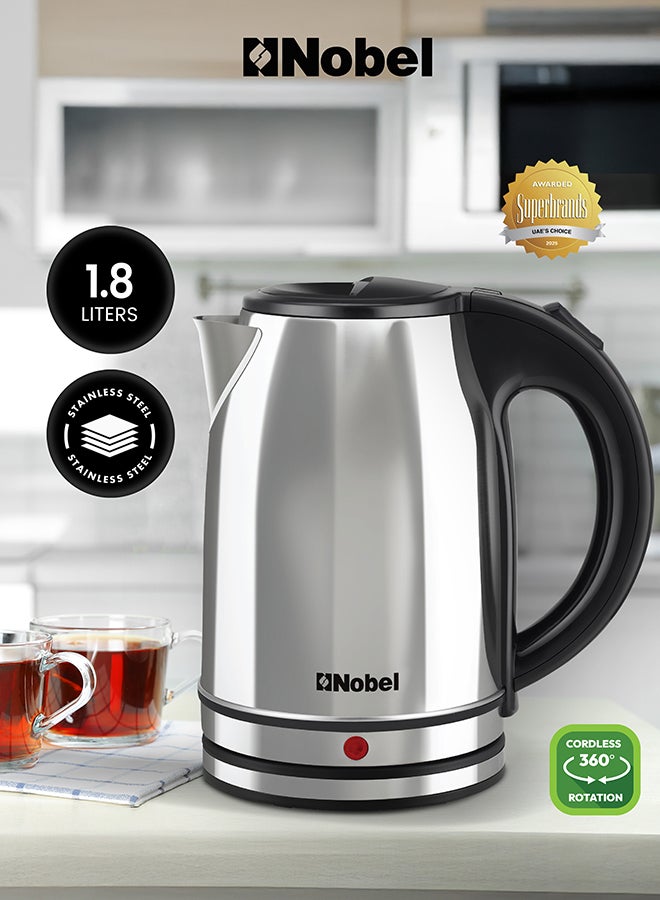 Nobel Electric Kettle 1.8L Stainless Steel Body, 1500W Fast Boil, 360° Rotational Base, Anti-Dry Protection, Stainless Steel Inner Lid – (1 Year Warranty) 1.8 L 1500 W NK188SS silver - Image 1