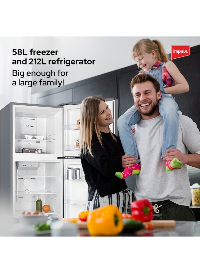 Impex Impex 270L No Frost Inverter Refrigerator, Dark Silver – 243L Net / 270L Gross, High Efficiency Compressor, 58L Freezer + 212L Fridge, Glass Shelves, Interior Lamp, Low Noise, Fast Cooling, Adjustable Legs, 2 Year Product Warranty & 10 Year Compressor Warranty 150 W IRF250 Dark Silver - Image 4