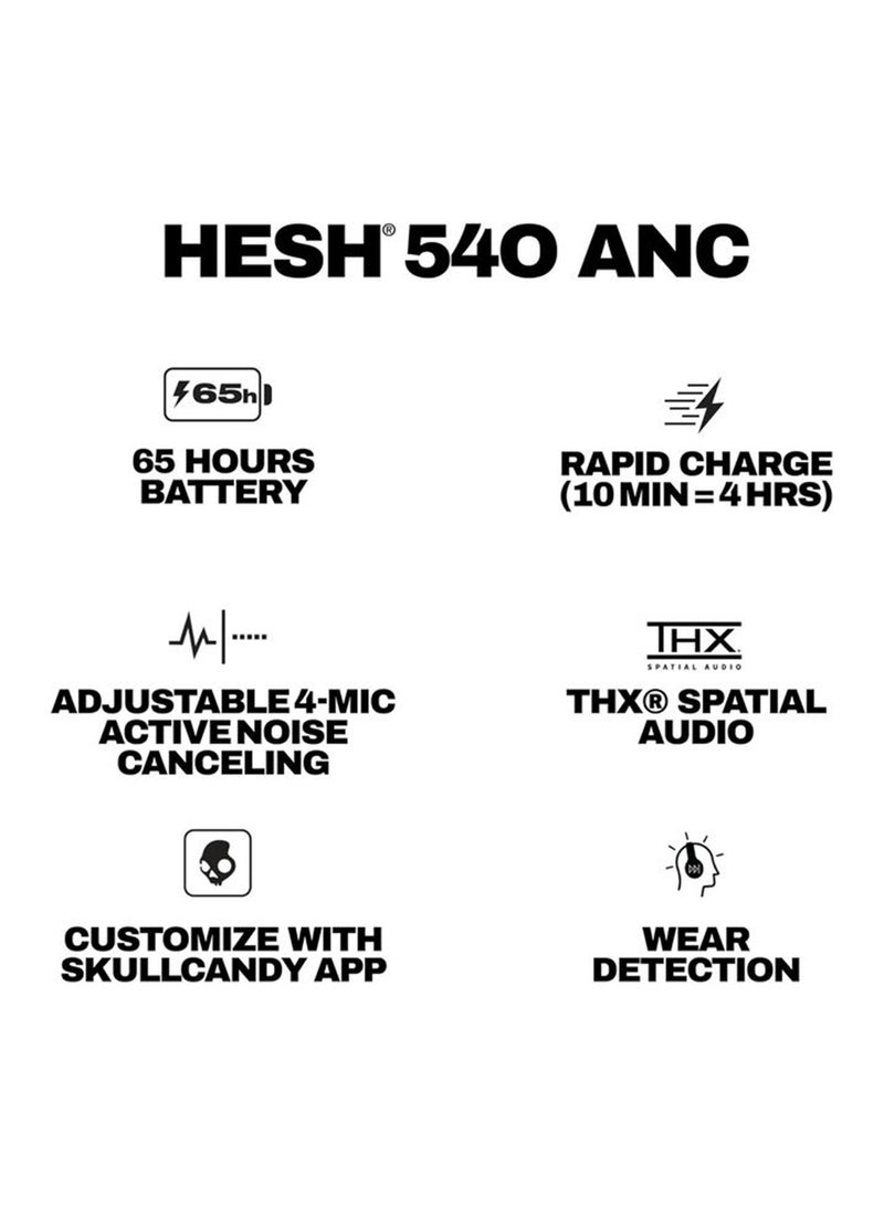 Skullcandy Hesh 540 ANC Wireless Over-Ear Bluetooth Headphones with THX Spatial Audio, Active Noise Cancelling, Personalized Sound, Up to 65 Hours Battery, Microphone for iPhone Android - True Black True Black - Image 5
