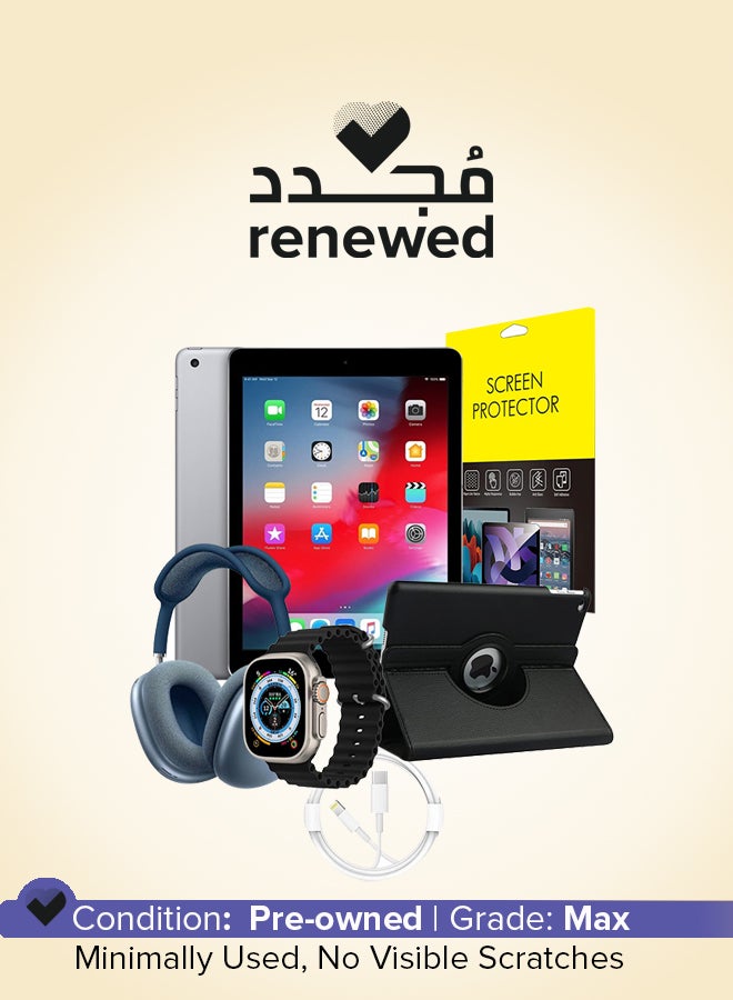 Apple Renewed - iPad  2018 (6th Gen)9.7-inch, 32GB, Wi-Fi, Silver with FaceTime + Generic Smart style Watch For Boys, Girls, Men and Women +P9 Bluetooth Headphone Wireless Stereo Bluetooth Sports Headset + Rotating Case for iPad 6th Generation (9.7 Inch) - 360 Degree Rotating Stand Cover + Tempered Glass Screen Protector Compatible with iPad 6th Generation 9.7 inch + iPads Charging Cable Combo - Image 1