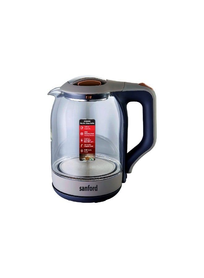 Sanford Electric Glass Kettle 1.8L, Borosilicate Glass Body, Stainless Steel Concealed Element, Auto Shut-off, Boil Dry Protection, Blue LED Light, 360° Cordless 1.8 L 1600 W SF3354EK-1.8L BS Dark Blue/Grey - Image 1
