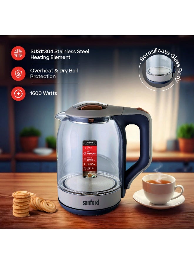 Sanford Electric Glass Kettle 1.8L, Borosilicate Glass Body, Stainless Steel Concealed Element, Auto Shut-off, Boil Dry Protection, Blue LED Light, 360° Cordless 1.8 L 1600 W SF3354EK-1.8L BS Dark Blue/Grey - Image 3
