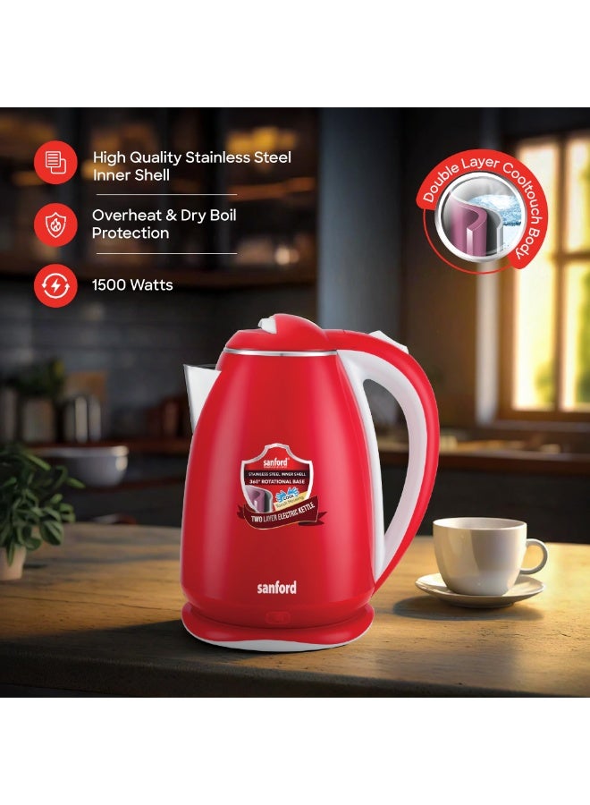 Sanford Electric Kettle, Double-Layer, Stainless Steel Inner, Cool Touch Body, Auto Shut-off, Boil-Dry Safety, Cordless, Fast Boiling 1.8 L 1500 W SF1880EK-1.8L BS Red - Image 5