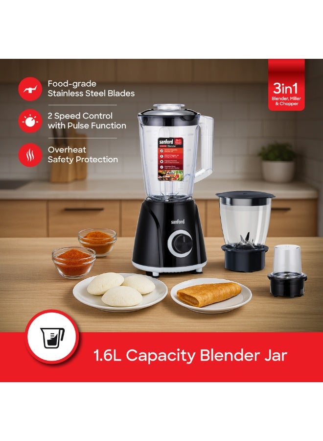 Sanford 3-in-1 Blender, Miller & Chopper, 400W Powerful Motor, 1.6 Litre Blender Jar, 600ml Chopper, 50g Dry Mill Jar, 2 Speed Control with Pulse Function, Food-grade Stainless Steel Blades, Overheat Safety Protection, Long-life and Durable Cutting Blade 1.6 L 400 W SF6807BR BS Black - Image 3