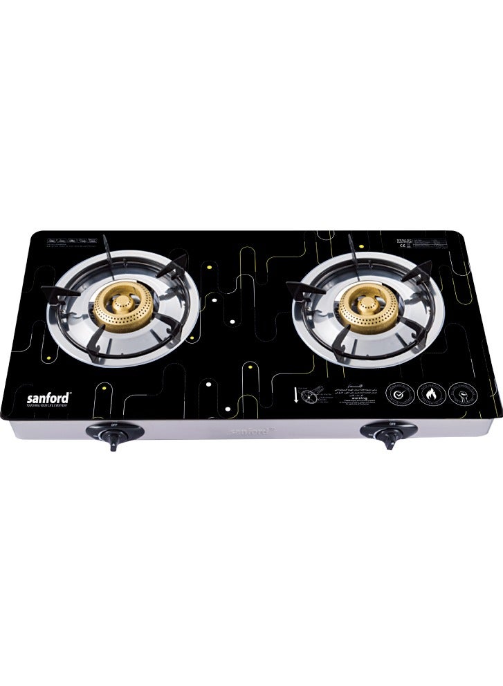 Sanford 2 Burner Glass top Gas Stove, 8mm Hard Tempered Extra Glass Panel, Auto Ignition, Indian Burner, Heavy Cast Iron Burner, Stainless Steel Frame & Tray, Blue Flame, Low Gas Consumption SF5361GC 2B Black Pattern-2 - Image 1