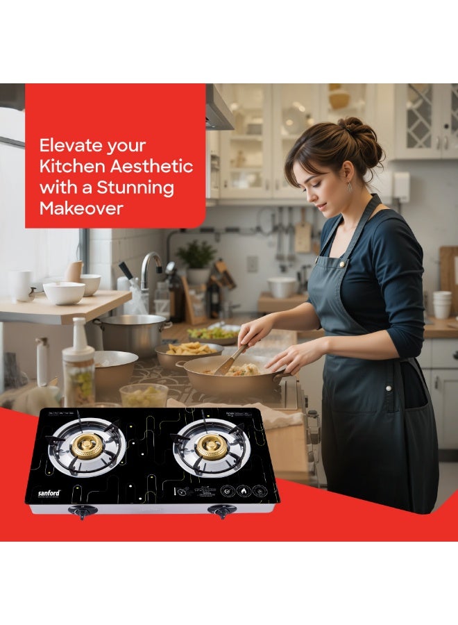 Sanford 2 Burner Glass top Gas Stove, 8mm Hard Tempered Extra Glass Panel, Auto Ignition, Indian Burner, Heavy Cast Iron Burner, Stainless Steel Frame & Tray, Blue Flame, Low Gas Consumption SF5361GC 2B Black Pattern-2 - Image 2