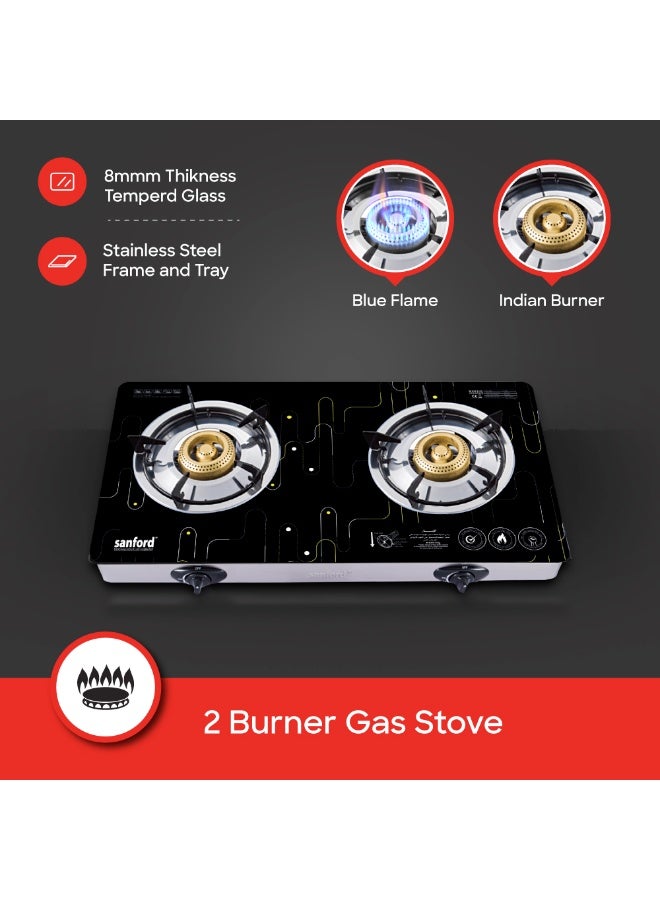 Sanford 2 Burner Glass top Gas Stove, 8mm Hard Tempered Extra Glass Panel, Auto Ignition, Indian Burner, Heavy Cast Iron Burner, Stainless Steel Frame & Tray, Blue Flame, Low Gas Consumption SF5361GC 2B Black Pattern-2 - Image 3