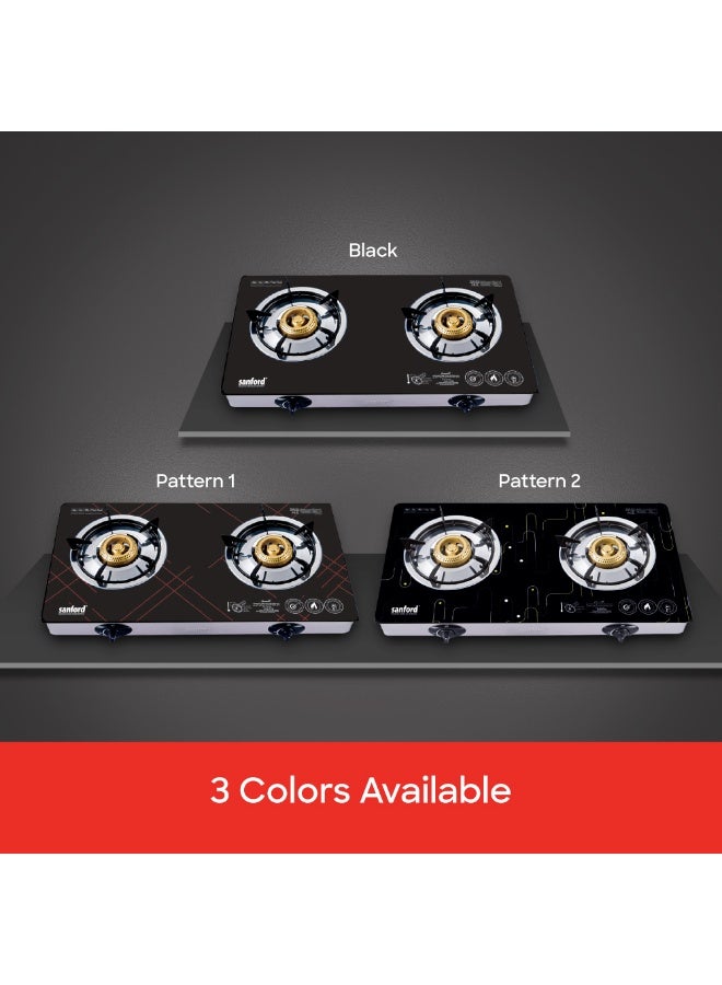 Sanford 2 Burner Glass top Gas Stove, 8mm Hard Tempered Extra Glass Panel, Auto Ignition, Indian Burner, Heavy Cast Iron Burner, Stainless Steel Frame & Tray, Blue Flame, Low Gas Consumption SF5361GC 2B Black Pattern-2 - Image 4