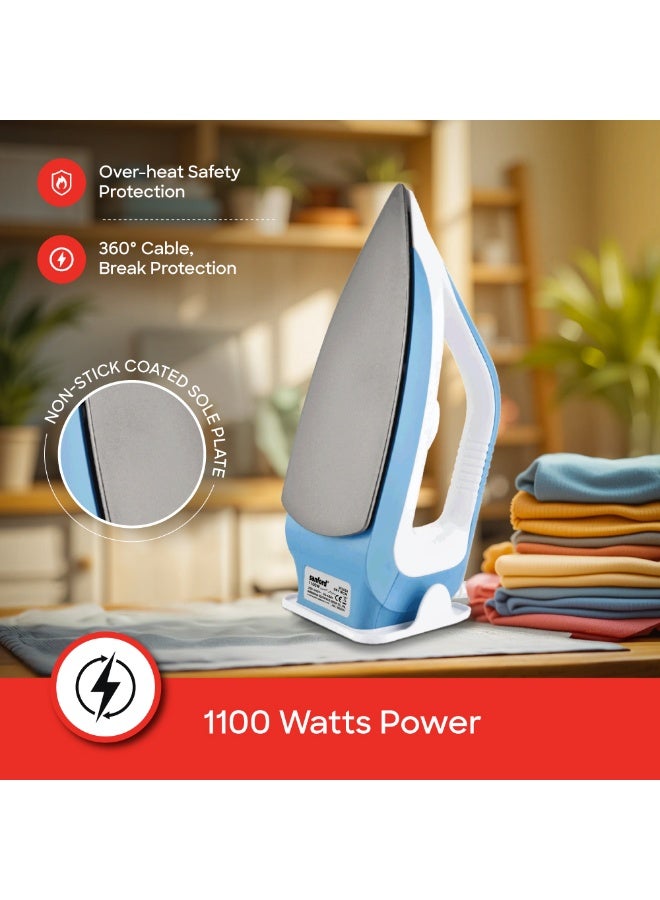 Sanford Heavy Weight Dry Iron, 1100W Powerful Heating Element, Non-Stick Coated Sole Plate, Over-Heat Safety Protection, Temperature Adjustable Knob, 360° Cable Break Protection 1 oz 1100 W SF30DI BS Blue/White - Image 3