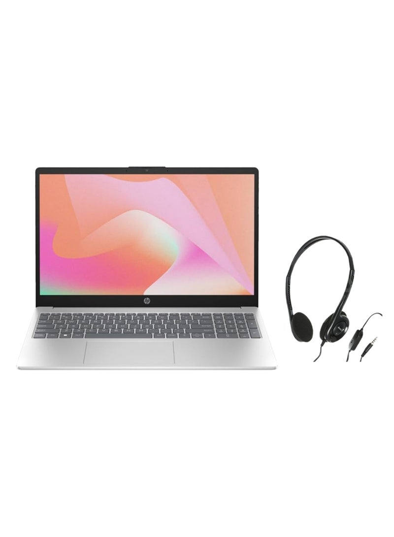 HP 15-fd0033nx (Upgraded Version) Laptop With 15.6-Inch Display,Core i5-1334U Processor/16GB RAM/512GB SSD/Intel Iris XE Graphics/Free DOS + HS-M200C Lightweight Headset With Mic (Single Jack)+DataZone DZ-135  and Red Notebook Bag/ Natural English/Arabic Natural Silver - Image 1