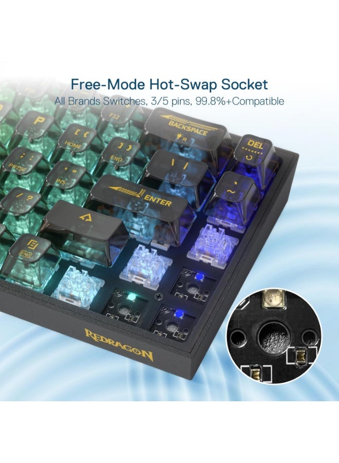 ريدراجون Wireless RGB Gaming Keyboard K631 CASTOR PRO 65% 3-Mode , 68 Keys Compact Full-Transparent Mechanical Keyboard w/Hot-Swap Free-Mod PCB Socket,  Tactile  Switch - Image 5
