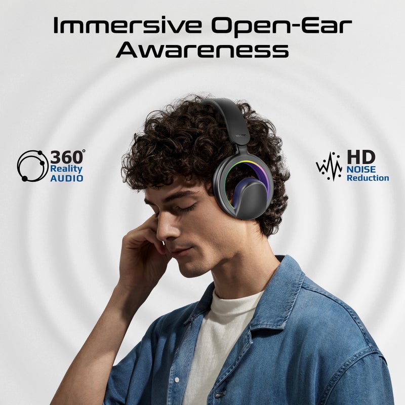 PROMATE Novon Open-Ear Bluetooth Headphones with Detachable Mic, RGB Light Modes, 40mm Dynamic Drivers, 20H Battery, Bluetooth v6.0, ABS-PC Build for Gaming, Workouts, and Streaming Black - Image 2