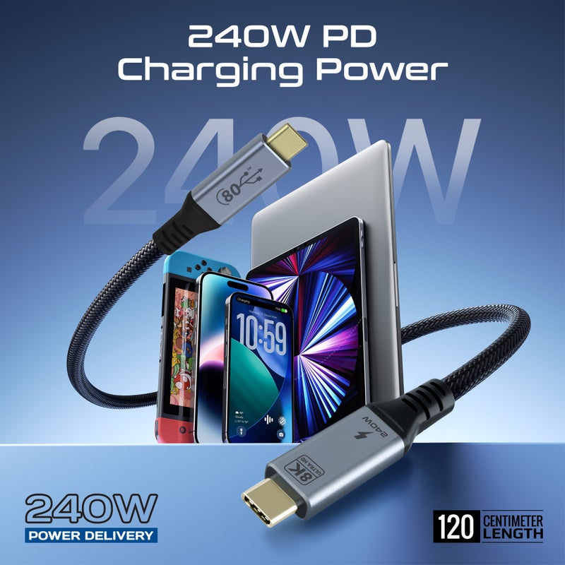 بروميت كابل PowerBolt5-80G USB4 لنقل البيانات بسرعة 80Gbps، توصيل طاقة 240W، دعم عرض 8K Ultra HD، كابل USB-C إلى USB-C بطول 1.2M، متوافق مع Thunderbolt 5، بناء متين - Image 4