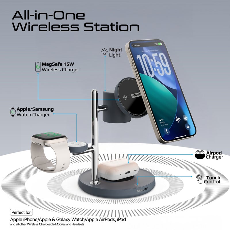 بروميت Synergy-3 4-in-1 Qi2 Certified MagSafe Charging Station, 15W Wireless for iPhone 12 to16, Apple/Samsung Watch, AirPods, w/ Night Lamp, Magnetic Ring, Zinc Alloy, 25.5W Total Output - Black - Image 2