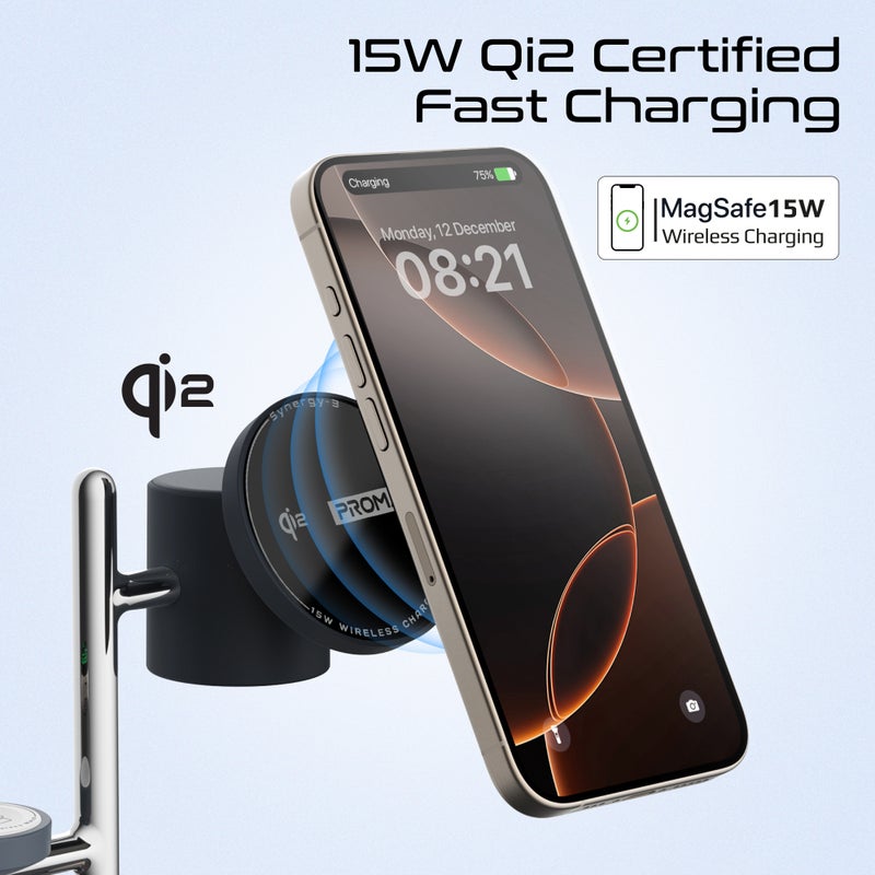 بروميت Synergy-3 4-in-1 Qi2 Certified MagSafe Charging Station, 15W Wireless for iPhone 12 to16, Apple/Samsung Watch, AirPods, w/ Night Lamp, Magnetic Ring, Zinc Alloy, 25.5W Total Output - Black - Image 4