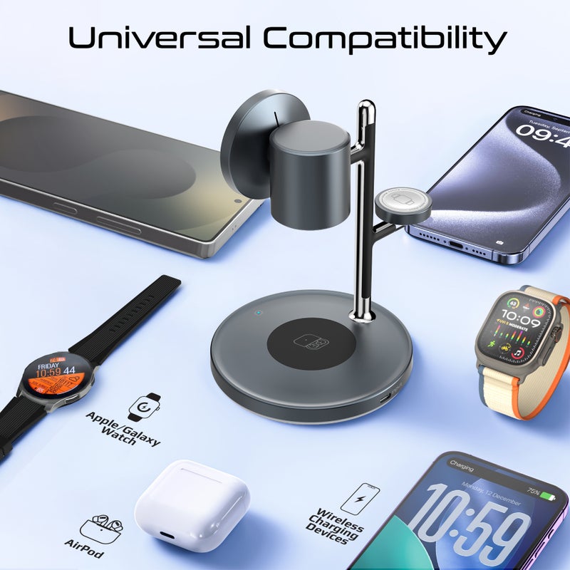 بروميت Synergy-3 4-in-1 Qi2 Certified MagSafe Charging Station, 15W Wireless for iPhone 12 to16, Apple/Samsung Watch, AirPods, w/ Night Lamp, Magnetic Ring, Zinc Alloy, 25.5W Total Output - Black - Image 3