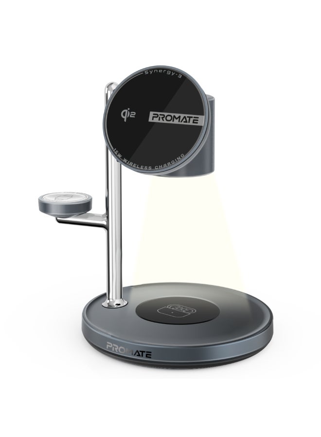 بروميت Synergy-3 4-in-1 Qi2 Certified MagSafe Charging Station, 15W Wireless for iPhone 12 to16, Apple/Samsung Watch, AirPods, w/ Night Lamp, Magnetic Ring, Zinc Alloy, 25.5W Total Output - Black - Image 1