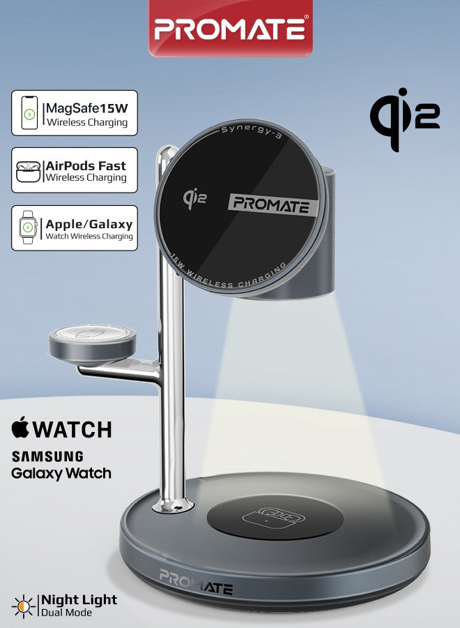 بروميت Synergy-3 4-in-1 Qi2 Certified MagSafe Charging Station, 15W Wireless for iPhone 12 to16, Apple/Samsung Watch, AirPods, w/ Night Lamp, Magnetic Ring, Zinc Alloy, 25.5W Total Output - Black - Image 1