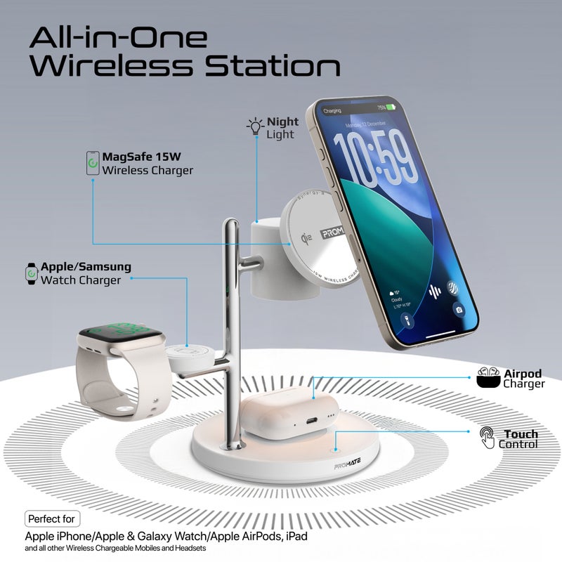 بروميت Synergy-3 4-in-1 Qi2 Certified MagSafe Charging Station, 15W Wireless for iPhone 12 to 16, Apple/Samsung Watch, AirPods, w/ Night Lamp, Magnetic Ring, Zinc Alloy, 25.5W Total Output - White - Image 2