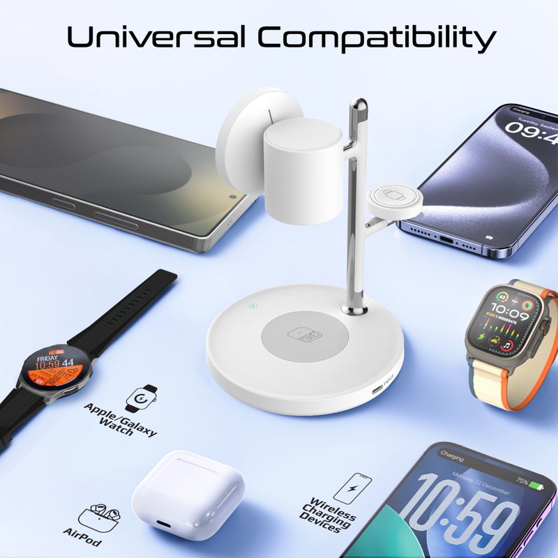 بروميت Synergy-3 4-in-1 Qi2 Certified MagSafe Charging Station, 15W Wireless for iPhone 12 to 16, Apple/Samsung Watch, AirPods, w/ Night Lamp, Magnetic Ring, Zinc Alloy, 25.5W Total Output - White - Image 3