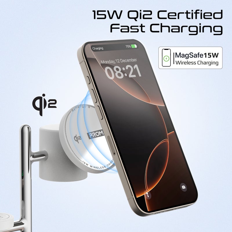 بروميت Synergy-3 4-in-1 Qi2 Certified MagSafe Charging Station, 15W Wireless for iPhone 12 to 16, Apple/Samsung Watch, AirPods, w/ Night Lamp, Magnetic Ring, Zinc Alloy, 25.5W Total Output - White - Image 4