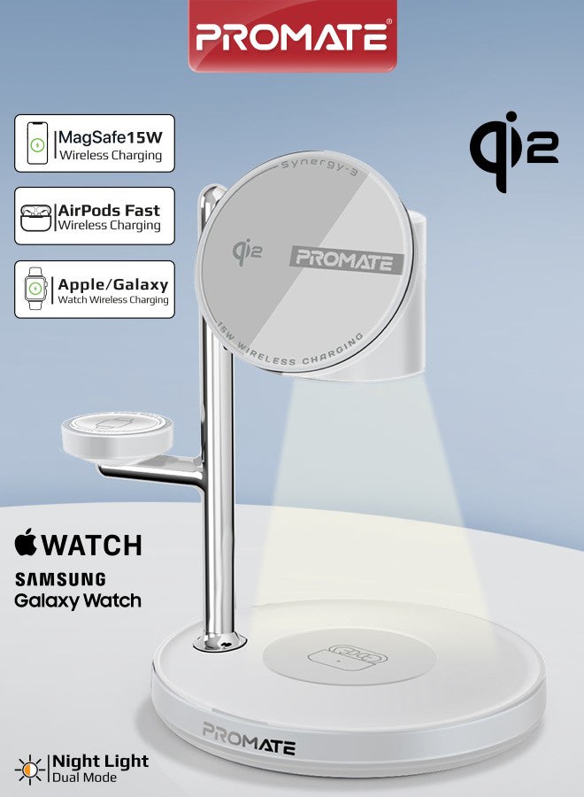 PROMATE Synergy-3 4-in-1 Qi2 Certified MagSafe Charging Station, 15W Wireless for iPhone 12 to 16, Apple/Samsung Watch, AirPods, w/ Night Lamp, Magnetic Ring, Zinc Alloy, 25.5W Total Output - White - Image 1
