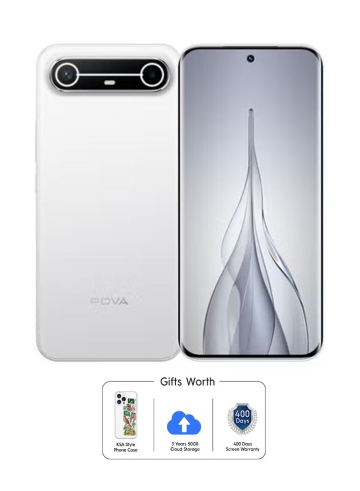 تكنو هاتف بوفا سليم 5G ثنائي الشريحة سليم أبيض 8 جيجابايت رام 256 جيجابايت 5G - مع هدايا مجانية كيس هاتف على طراز المملكة العربية السعودية ، 3 سنوات تخزين سحابي 50 جيجابايت وضمان شاشة لمدة 400 يوم - Image 1