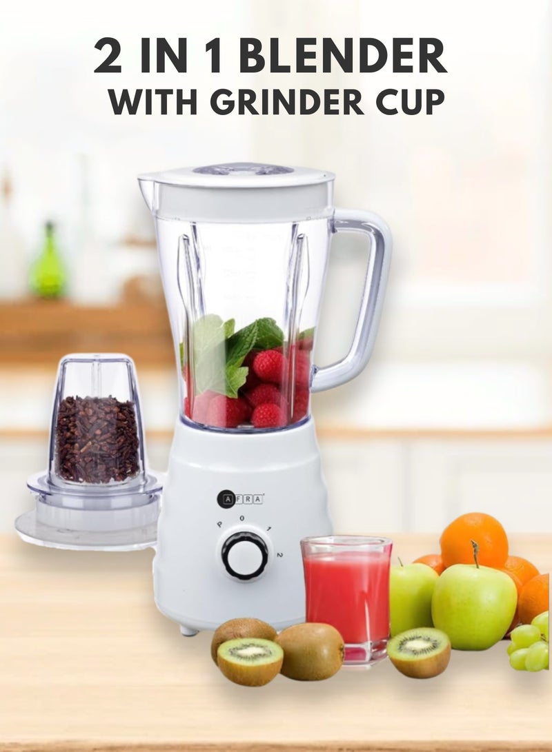 AFRA 2-in-1 Blender with Grinder Cup | 1.5L Plastic Jug, Stainless Steel Blade | 2-Speed Control with Pulse | Anti-Slip Feet | 500W | Model AF-500BLWT | Multi-Color | 2-Year Warranty 1.5 L 500 W AF-500BLWT White - Image 1