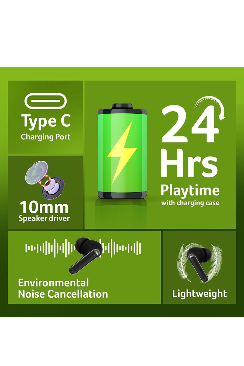 Acer AHR155 True Wireless Bluetooth Earbuds with 24H Playtime, Type-C Charging, 10mm Dynamic Drivers, Extra Bass, ENC, Smart Touch Control, HD Voice, Lightweight Earphone, Long Battery Life With type C Charging cable Black - Image 2