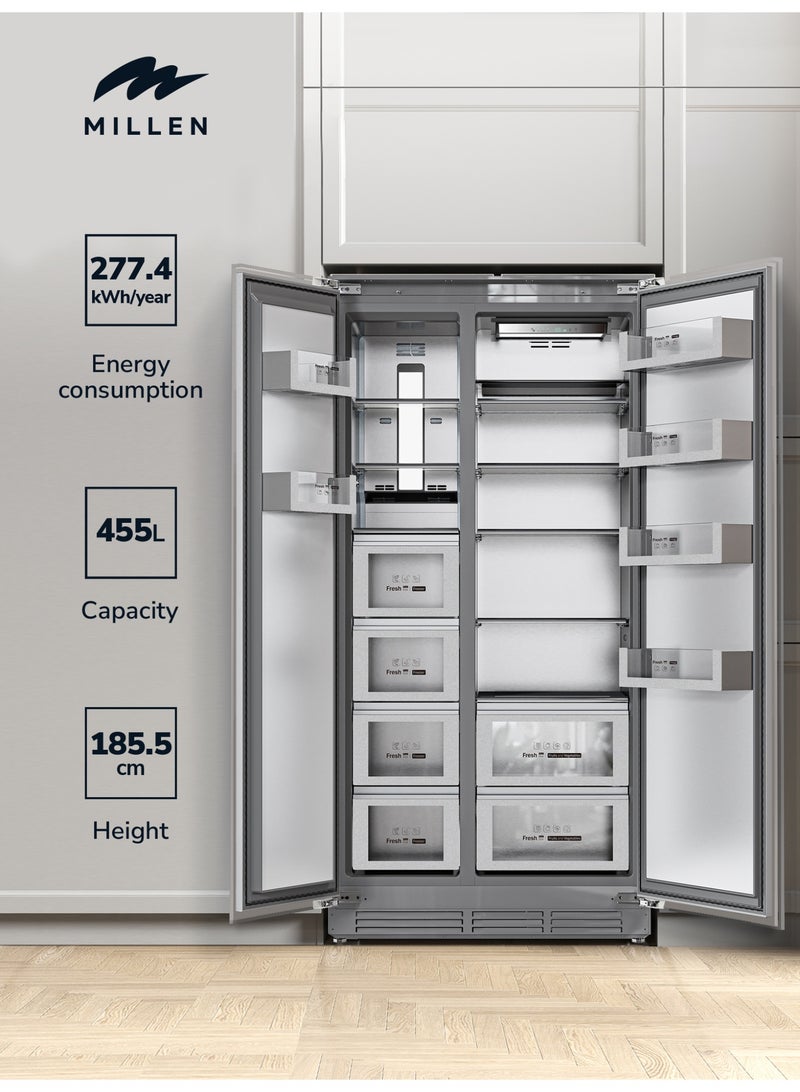 ميلين ثلاجة مدمجة، 455 لتر، ضمان 3 سنوات، داخلية رمادية، بدون صقيع، ثلاجة وفريزر جنبًا إلى جنب، تحكم إلكتروني، إضاءة خلفية LED، MBSB455ID - Image 2
