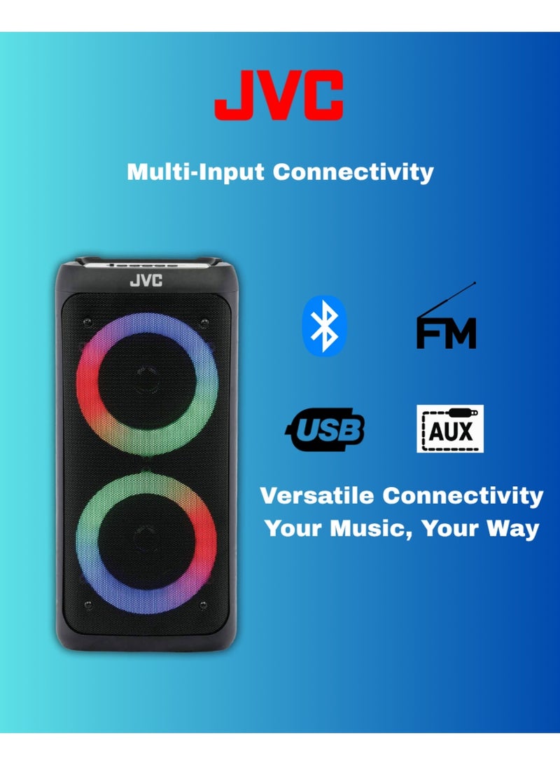 جي في سي مكبر صوت بلوتوث محمول JVC XS-N5510، 300 واط PMPO، اقتران ستيريو TWS، راديو FM، مدخل USB/SD/AUX/ميكروفون، مكبر صوت قابل لإعادة الشحن للاستخدام الخارجي - XS-N5510 - Image 2