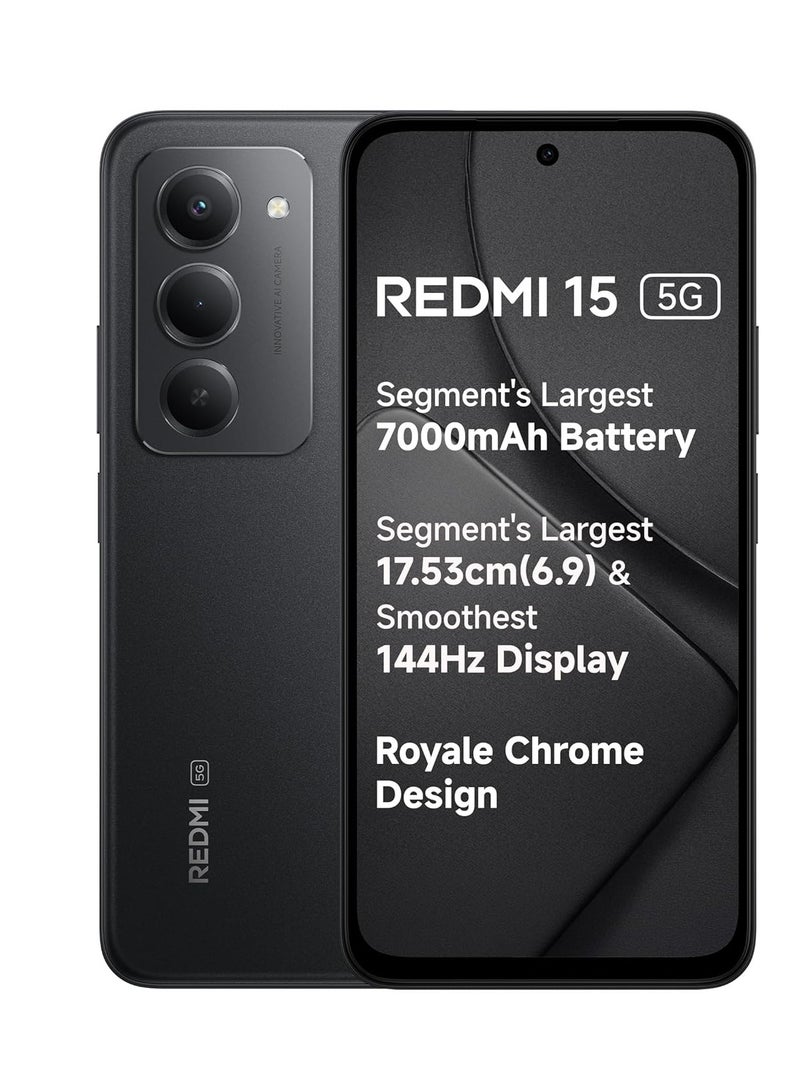 Xiaomi Redmi 15 5G Midnight Black 8GB + 256GB | Segment's Largest 7000mAhA Battery | Segment's Largest Display 17.53cm(6.9) Up to 144Hz | Snapdragon 6s Gen 3 | 18W Reverse Charging | 50MP AI Dual Camera-Indian Version - Image 1