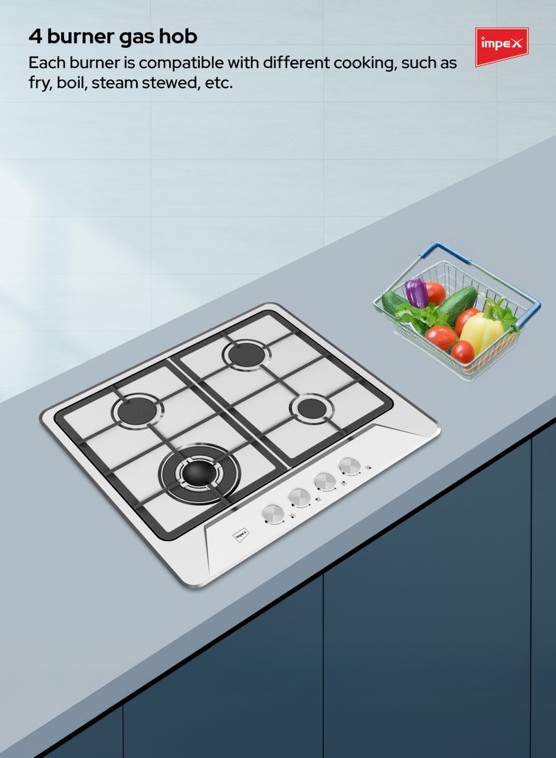 إمبكس موقد غاز مدمج 4 شعلات | شعلات ساباف | إنتاج حرارة عالي | دعم أواني من الحديد الزهر | موقد مطبخ من الفولاذ المقاوم للصدأ مع إشعال تلقائي، أزرار معدنية | شعلات عمل، سريعة، شبه سريعة ومساعدة | طهي سريع، موقد حديث لمطبخ المنزل | BIHS4 - Image 5
