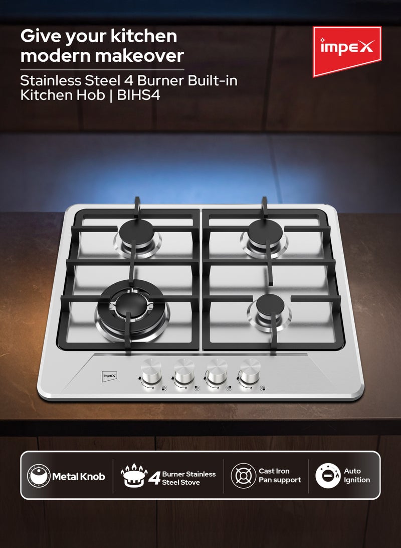 إمبكس موقد غاز مدمج 4 شعلات | شعلات ساباف | إنتاج حرارة عالي | دعم أواني من الحديد الزهر | موقد مطبخ من الفولاذ المقاوم للصدأ مع إشعال تلقائي، أزرار معدنية | شعلات عمل، سريعة، شبه سريعة ومساعدة | طهي سريع، موقد حديث لمطبخ المنزل | BIHS4 - Image 2
